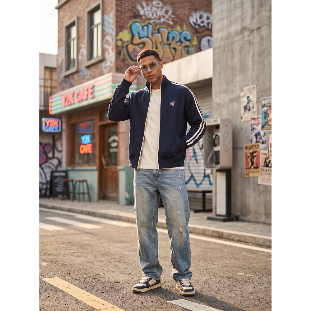 Abercrombie & Fitch Y2K Mens Muscle Fit Track Jacket Navy Blue Side Stripe Large